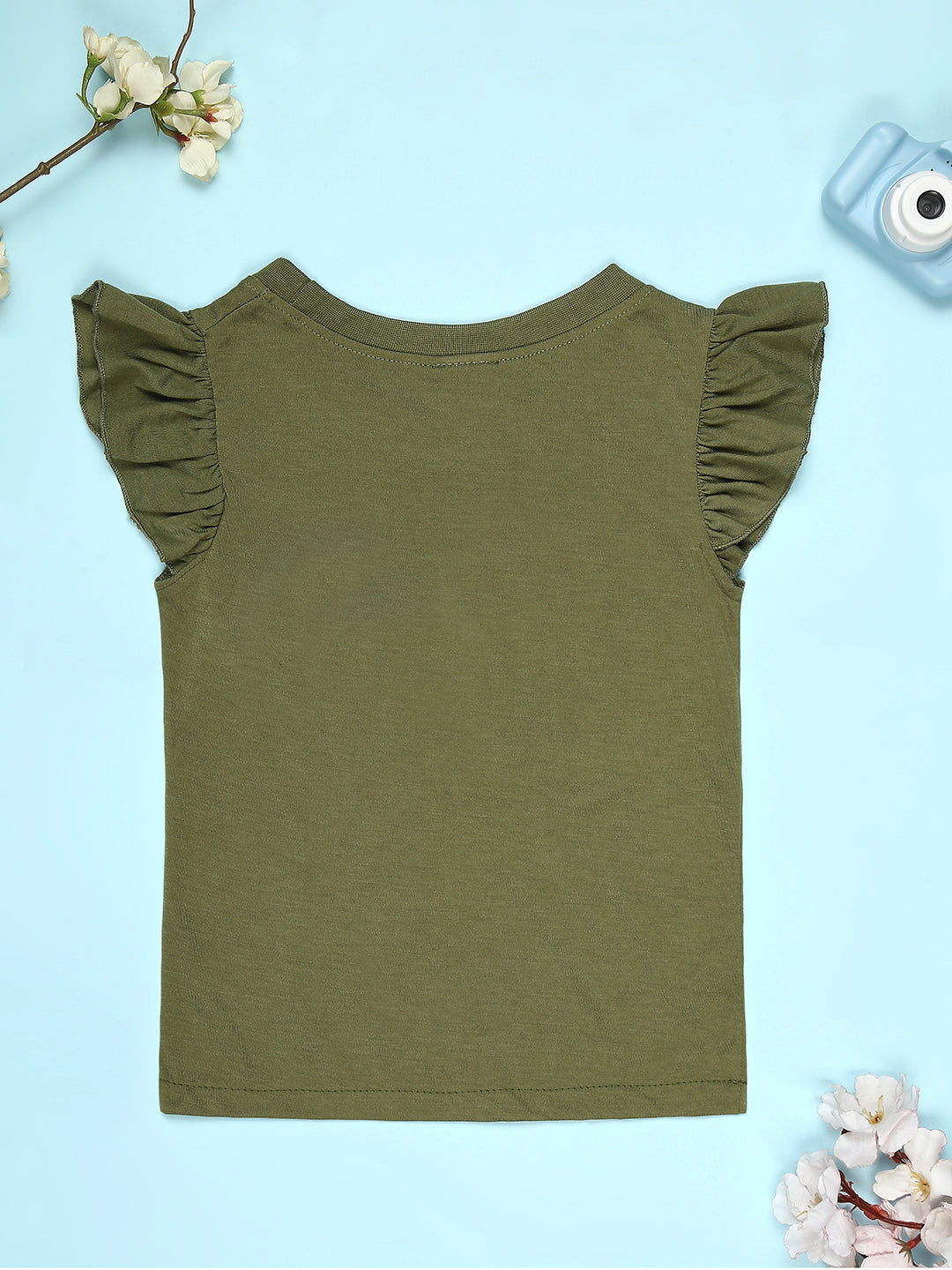 Cutiekins Girls Graphic Print T-Shirt With Solid Short -Olive Green & Black