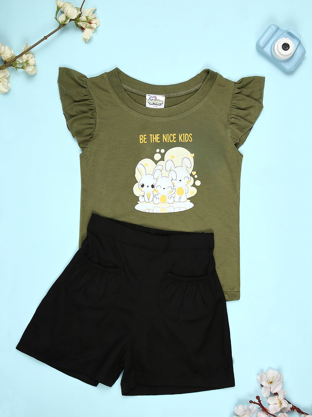 Cutiekins Girls Graphic Print T-Shirt With Solid Short -Olive Green & Black