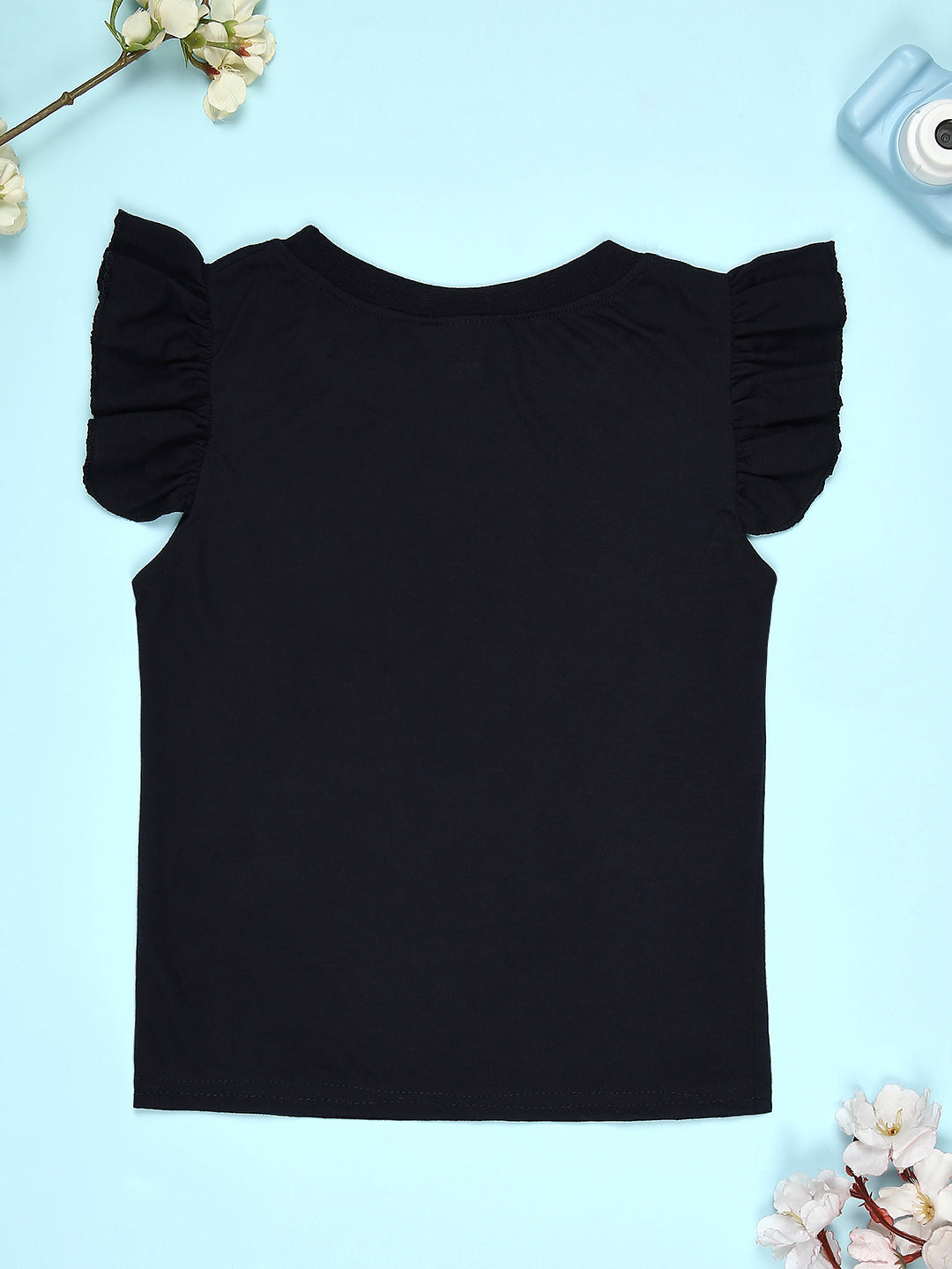 Cutiekins Girls Graphic Print T-Shirt with Solid Embellished Small Bow Shorts -Navy Blue & White