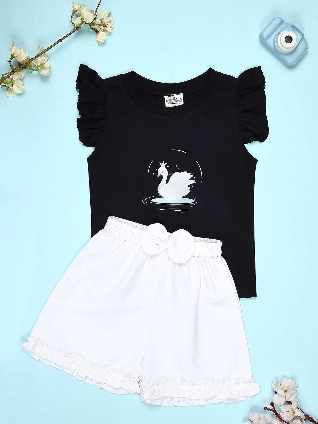 Cutiekins Girls Graphic Print T-Shirt With Solid Embellished Bow Short -Black & White