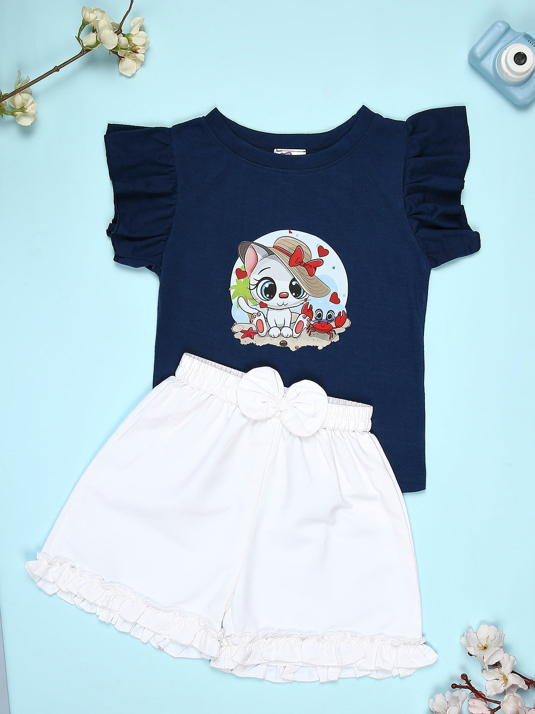 Cutiekins Girls Graphic Print T-Shirt With Solid Embellished Bow Short -Navy Blue & White