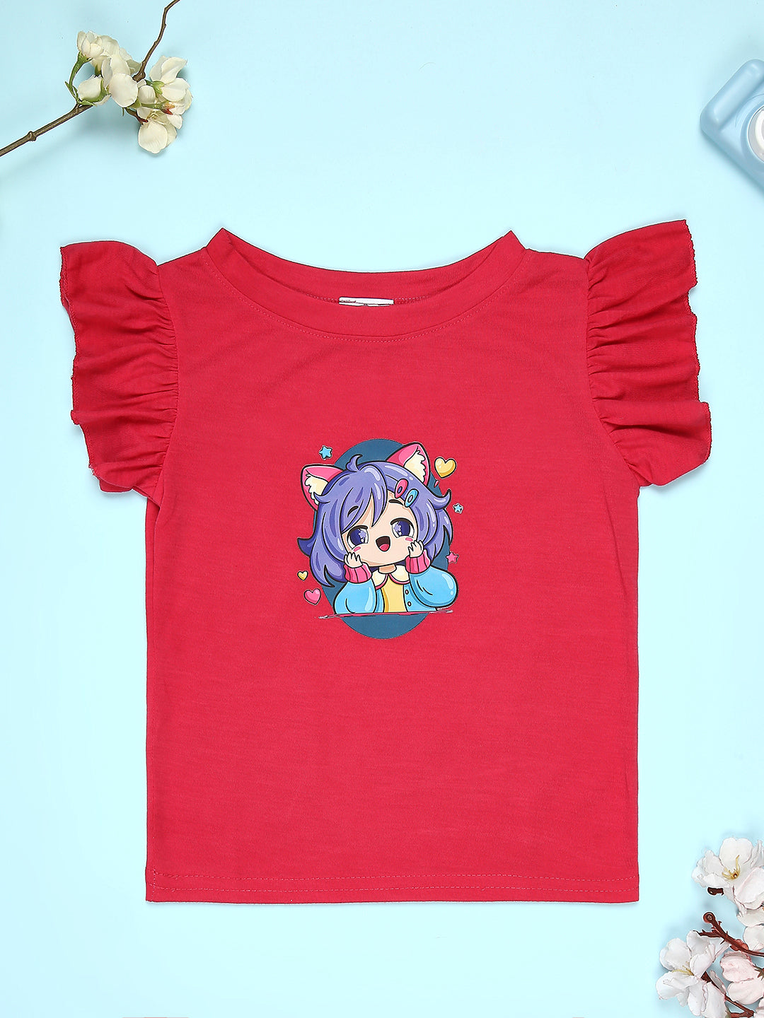 Cutiekins Girls Graphic Print T-Shirt With Solid Embellished Bow Short -Red & Navy Blue