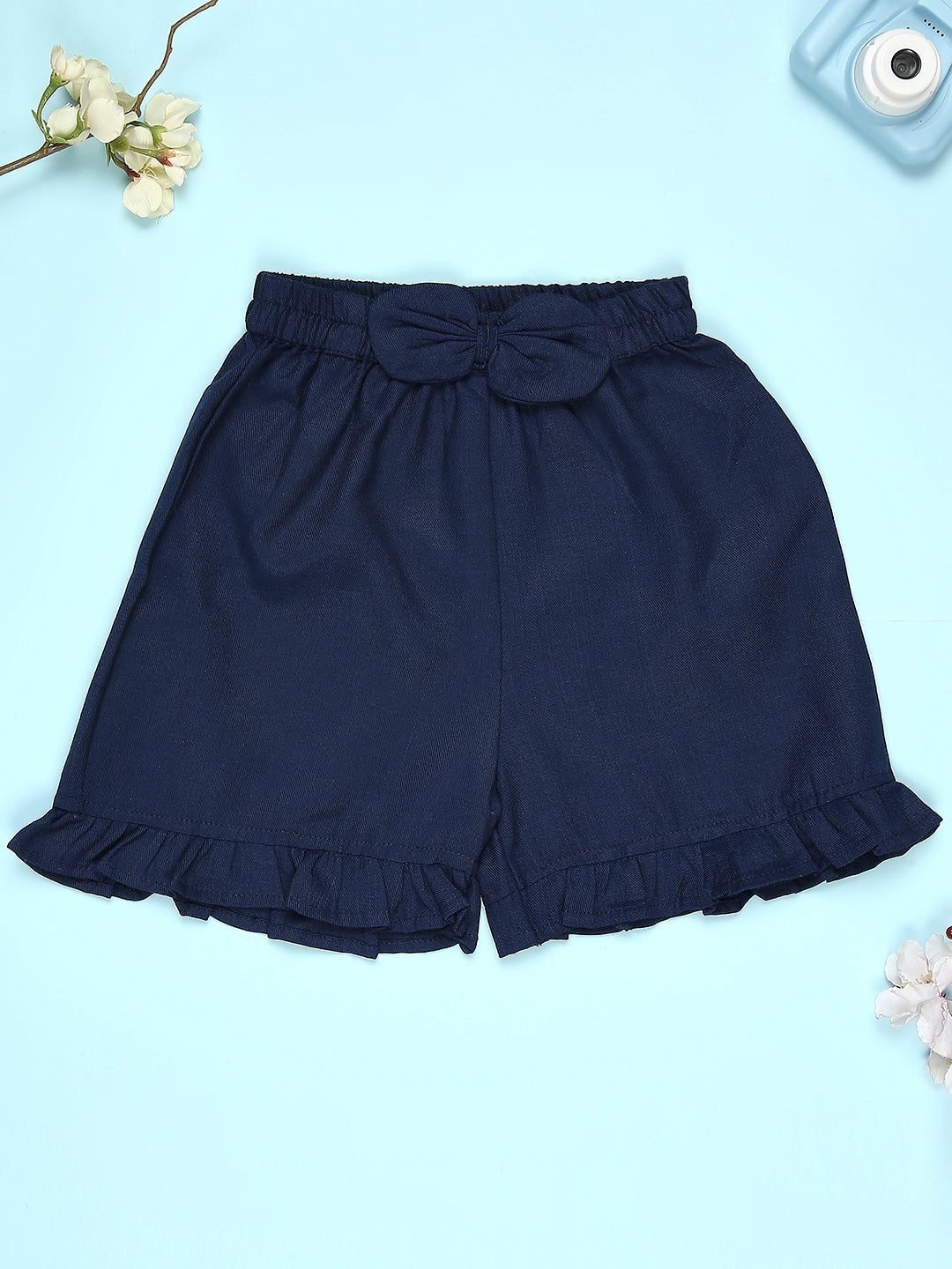 Cutiekins Girls Graphic Print T-Shirt With Solid Embellished Bow Short -Red & Navy Blue