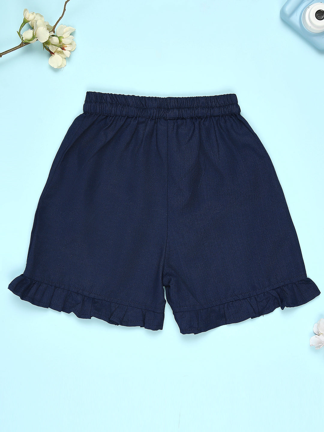 Cutiekins Girls Graphic Print T-Shirt With Solid Embellished Bow Short -Red & Navy Blue