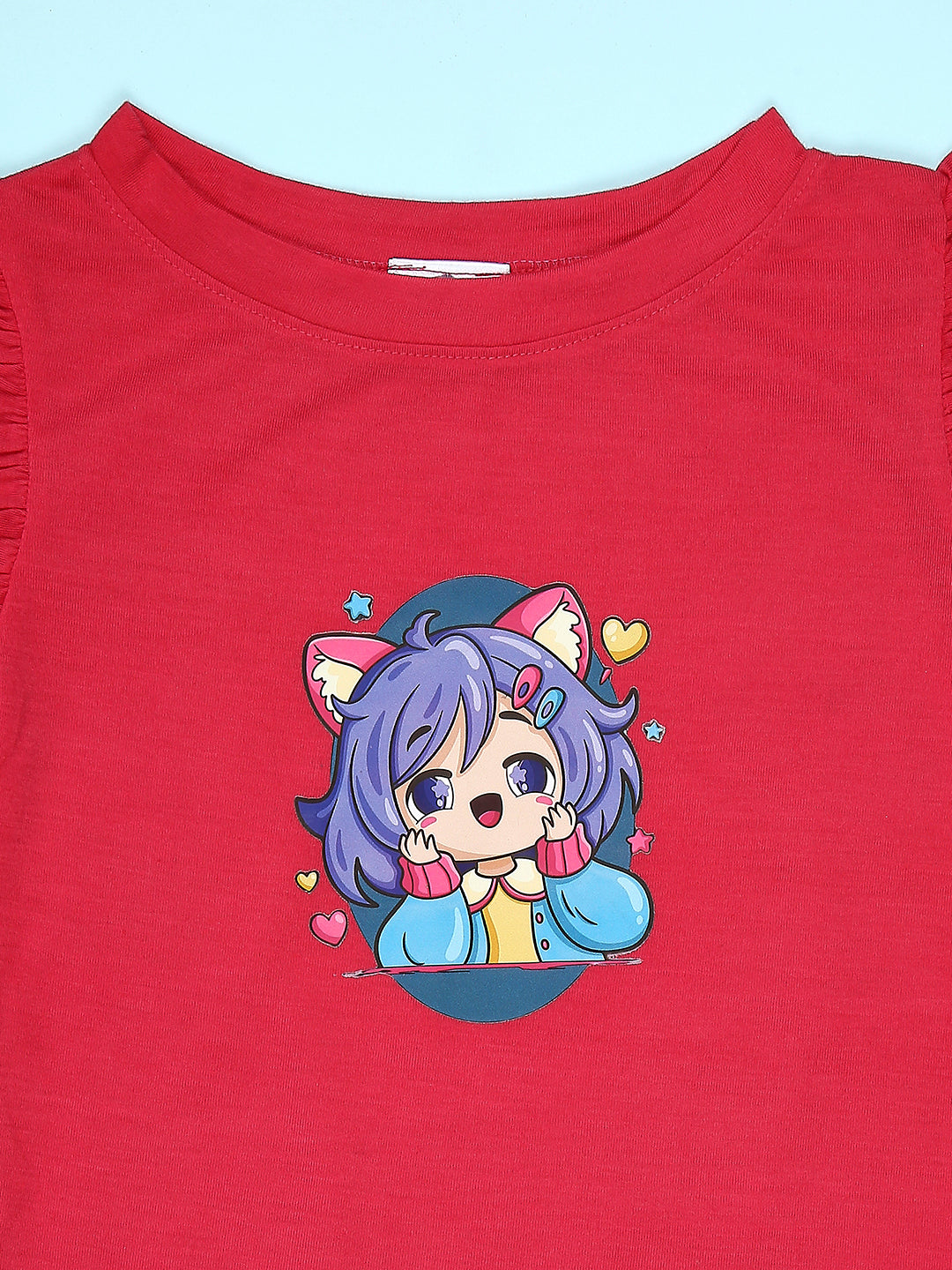 Cutiekins Girls Graphic Print T-Shirt With Solid Embellished Bow Short -Red & Navy Blue