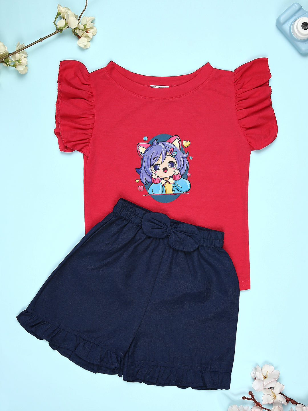 Cutiekins Girls Graphic Print T-Shirt With Solid Embellished Bow Short -Red & Navy Blue