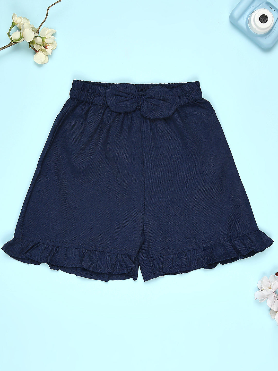 Cutiekins Girls Solid Embellished Small Bow Short -Navy Blue