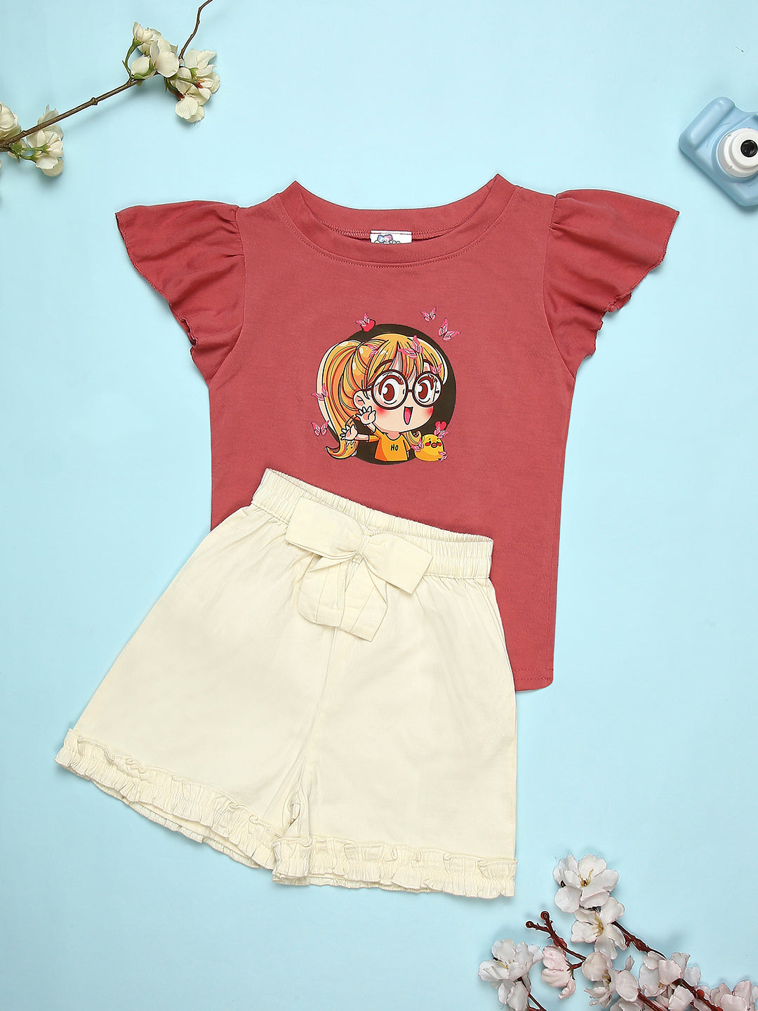 Cutiekins Girls Graphic Print T-Shirt With Solid Embellished Bow Short -Red & Cream
