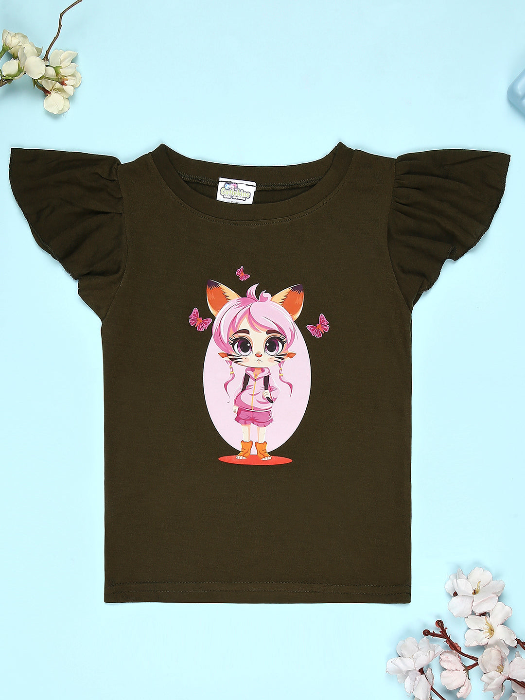 Cutiekins Girls Graphic Print T-Shirt With Solid Embellished Bow Short -Mehandi Green & Cream