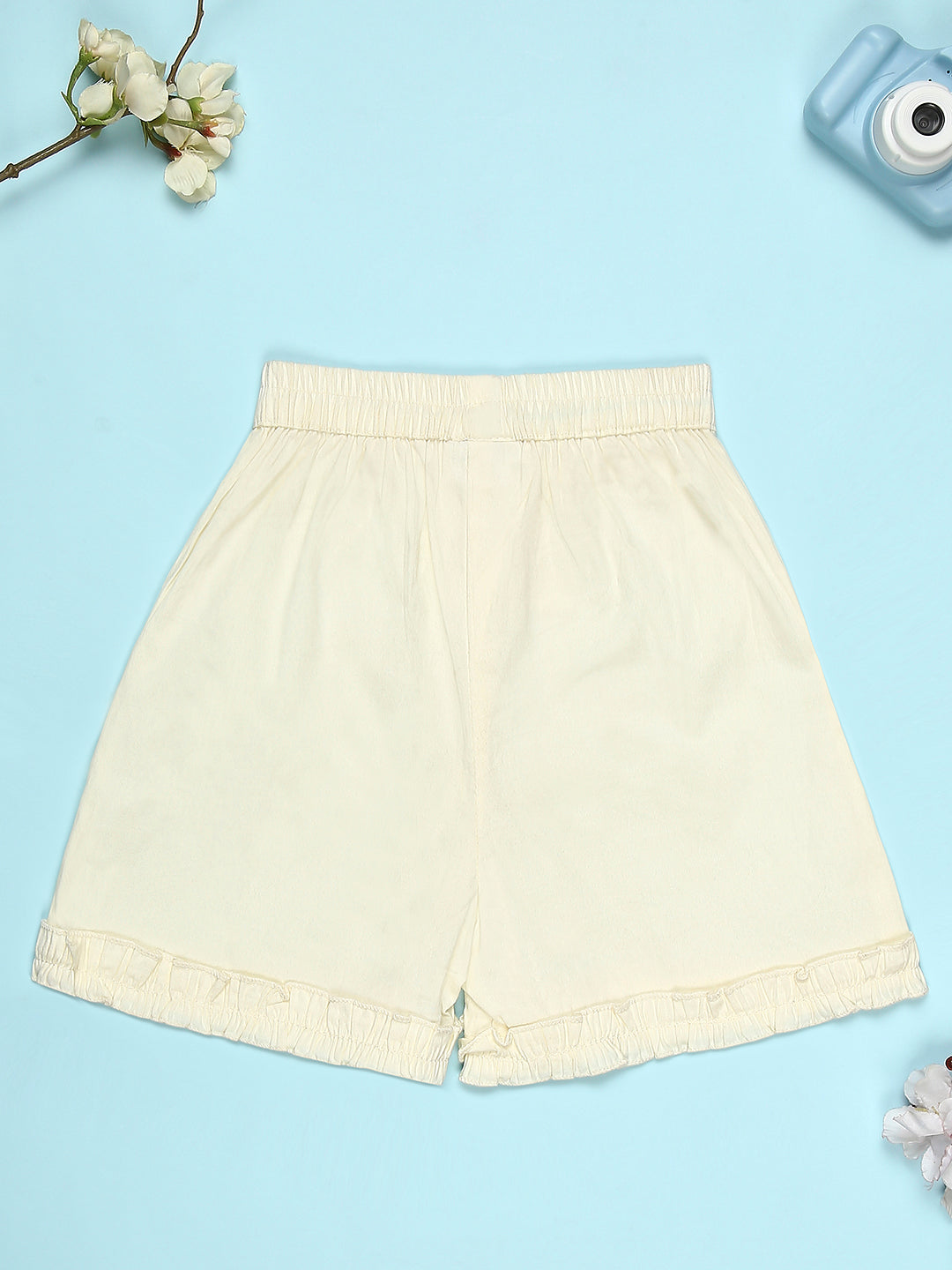 Cutiekins Girls Graphic Print T-Shirt With Solid Embellished Bow Short -Mehandi Green & Cream