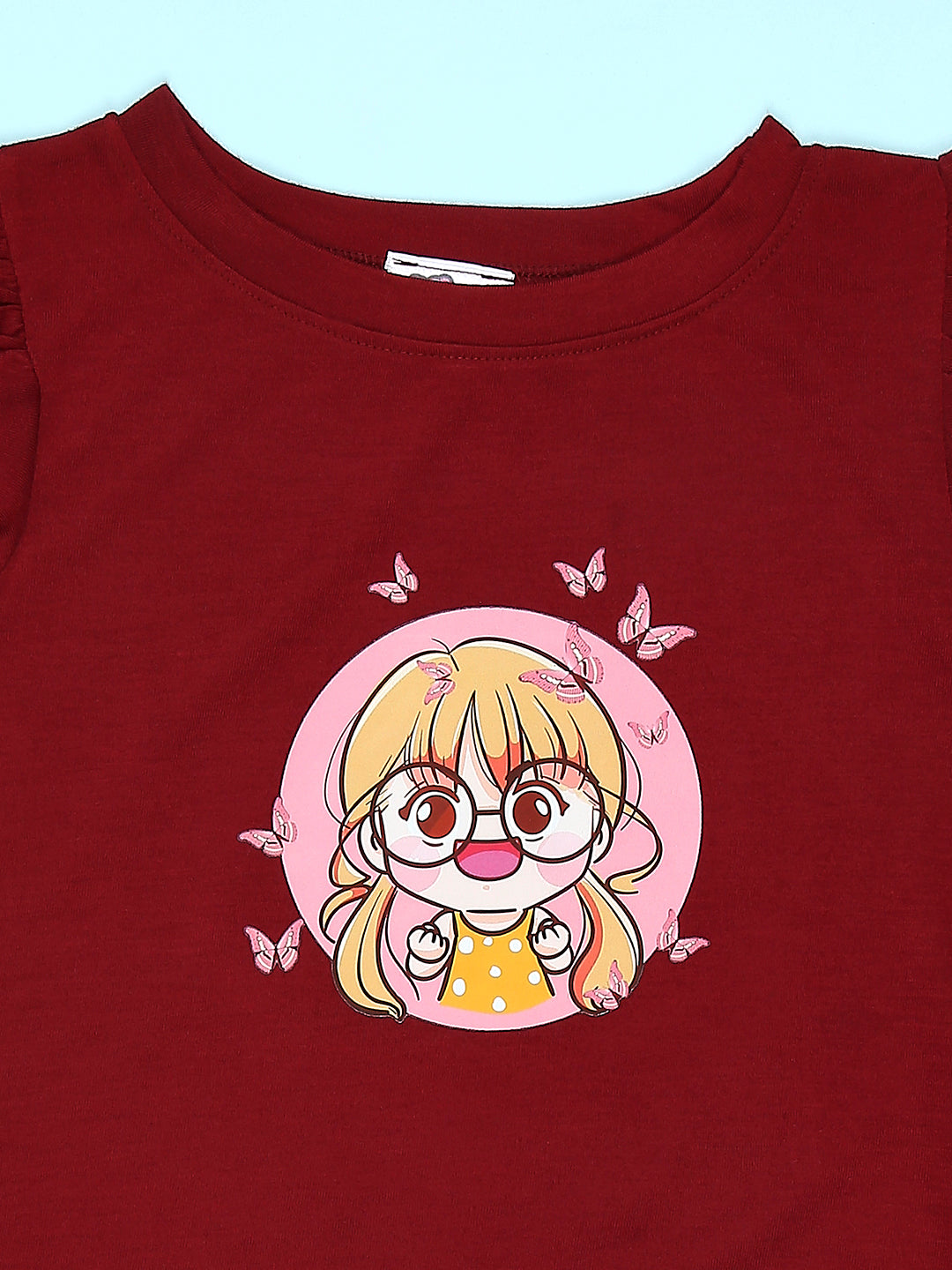 Cutiekins Girls Graphic Print T-Shirt With Solid Embellished Bow Short -Maroon & Cream