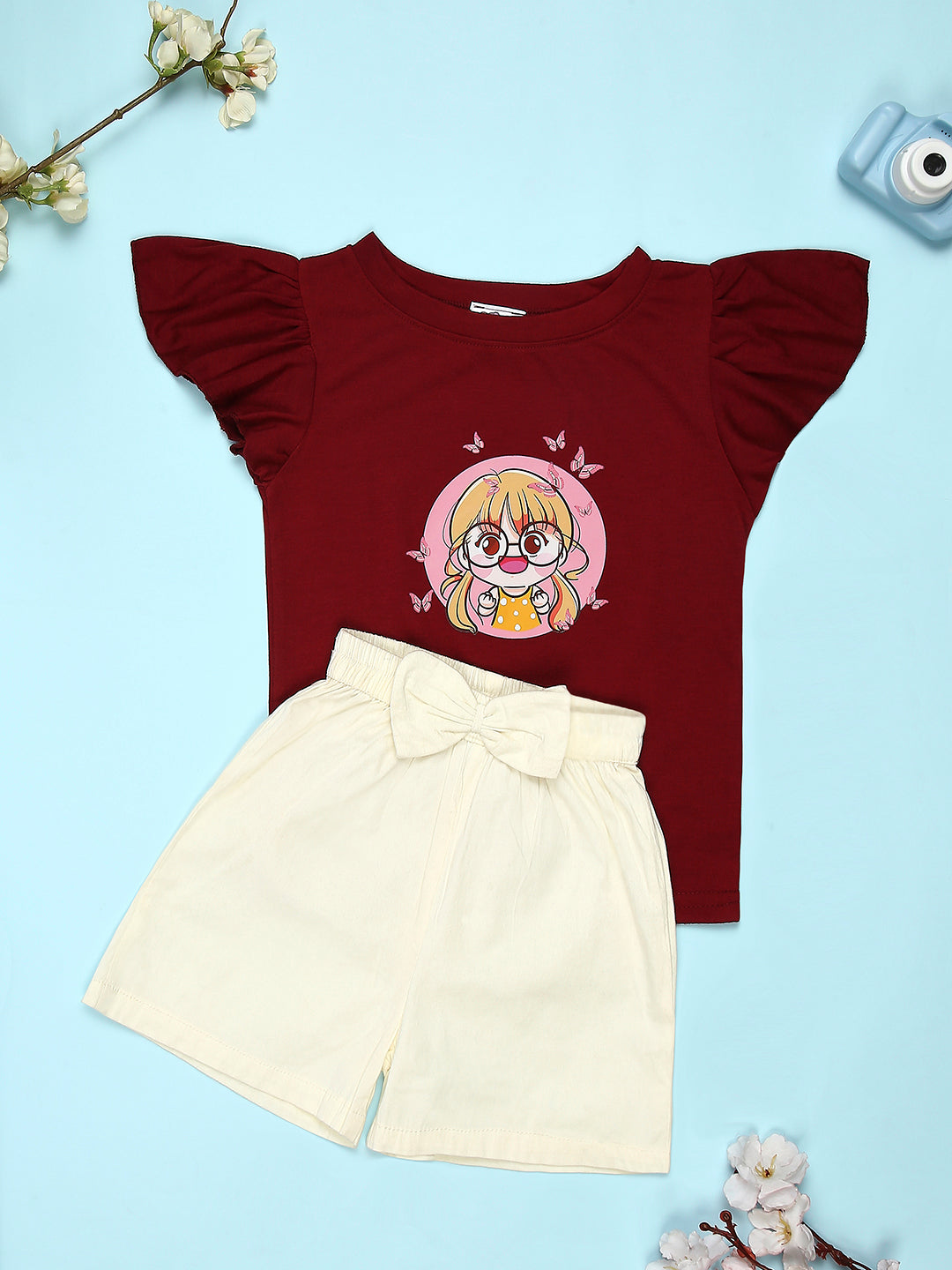 Cutiekins Girls Graphic Print T-Shirt With Solid Embellished Bow Short -Maroon & Cream