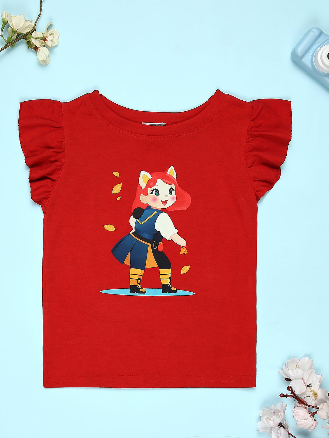 Cutiekins Girls Graphic Print T-Shirt With Solid Embellished Bow Short -Red & Navy Blue