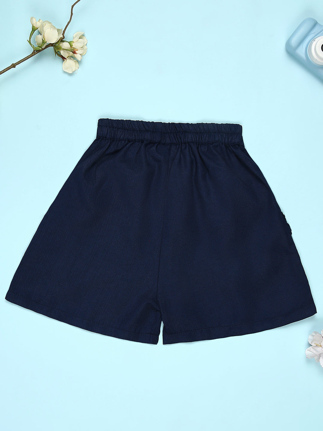 Cutiekins Girls Graphic Print T-Shirt With Solid Embellished Bow Short -Red & Navy Blue