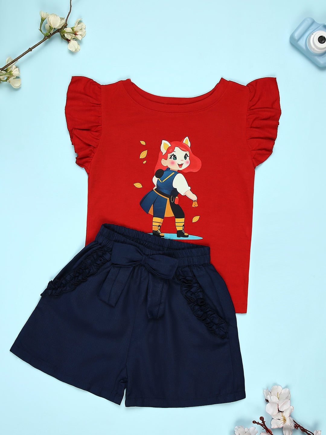 Cutiekins Girls Graphic Print T-Shirt With Solid Embellished Bow Short -Red & Navy Blue