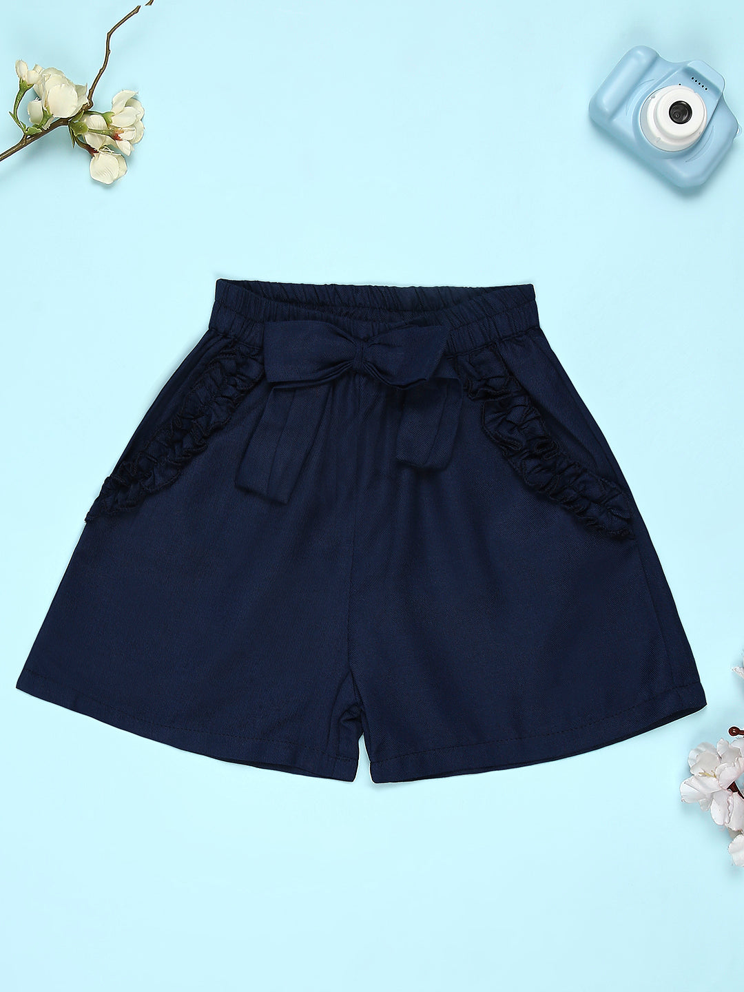 Cutiekins Girls Solid Embellished Big Bow Short -Navy Blue