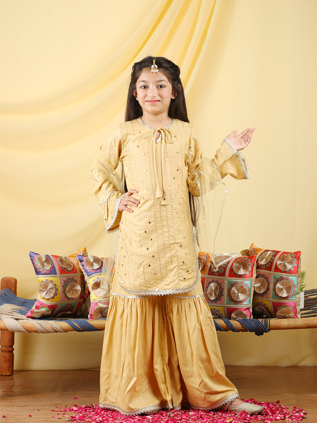 Cutiekins Girls Embroidered Mirror Work Kurta & Sharara with Dupatta -Beige & Gold