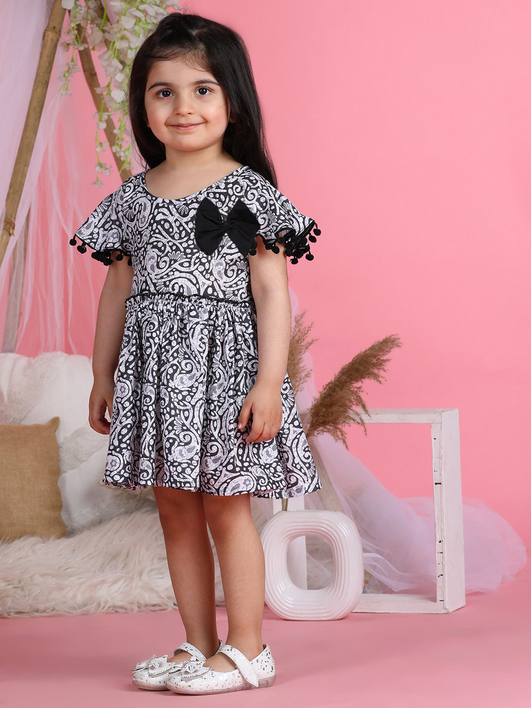 Cutiekins Round Neck Printed Flared Dress-Black & White