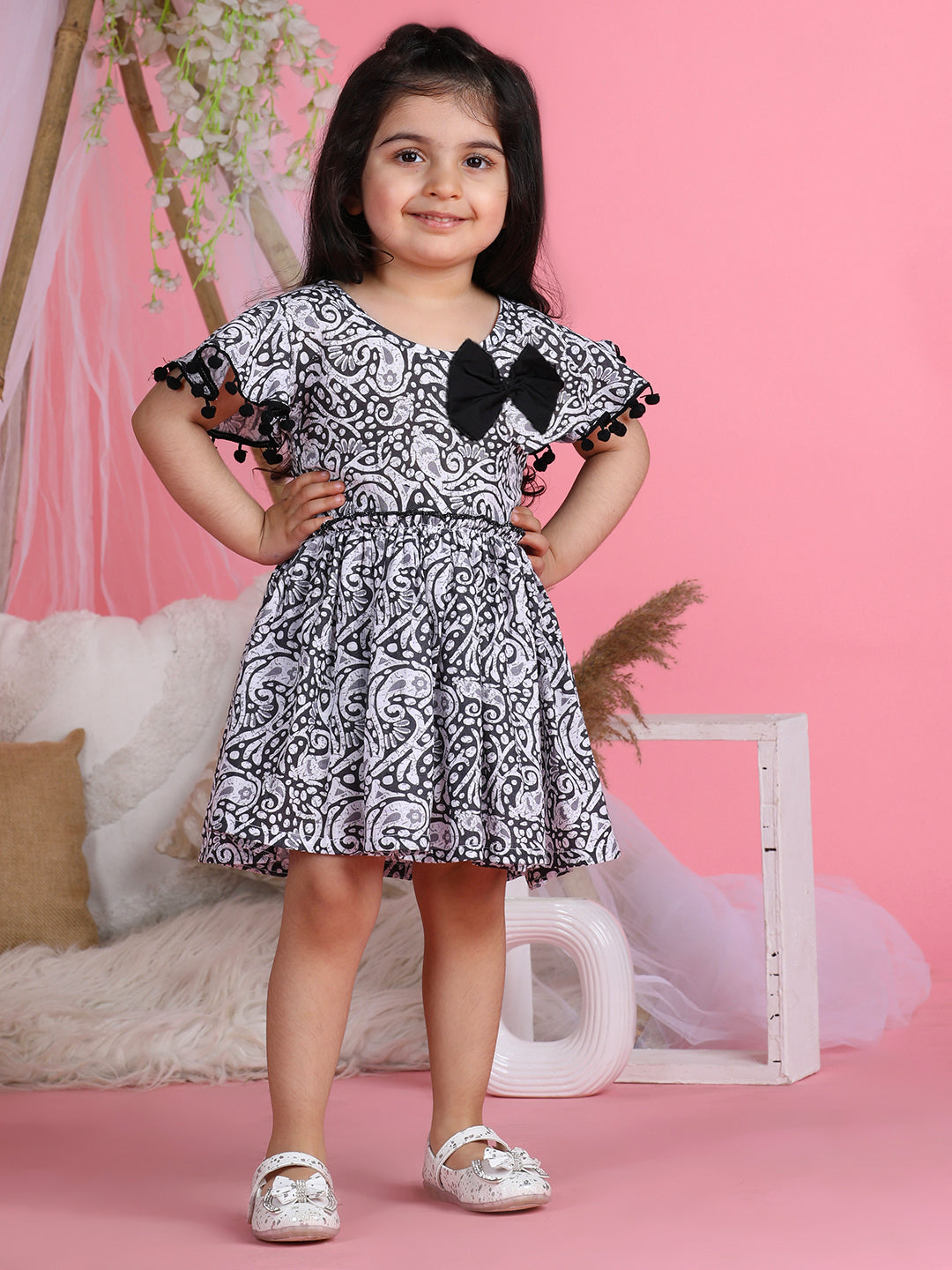 Cutiekins Round Neck Printed Flared Dress-Black & White