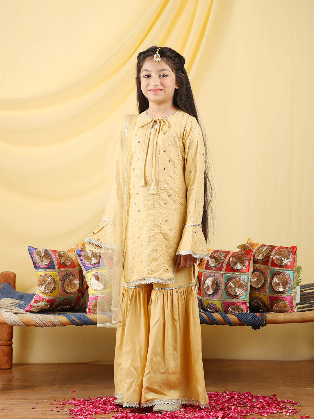 Cutiekins Girls Embroidered Mirror Work Kurta & Sharara with Dupatta -Beige & Gold