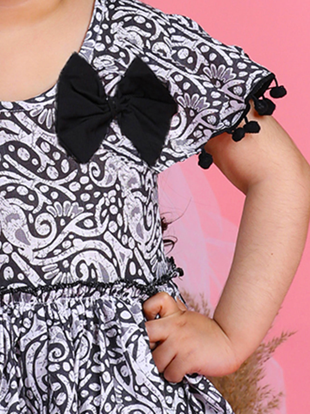 Cutiekins Round Neck Printed Flared Dress-Black & White