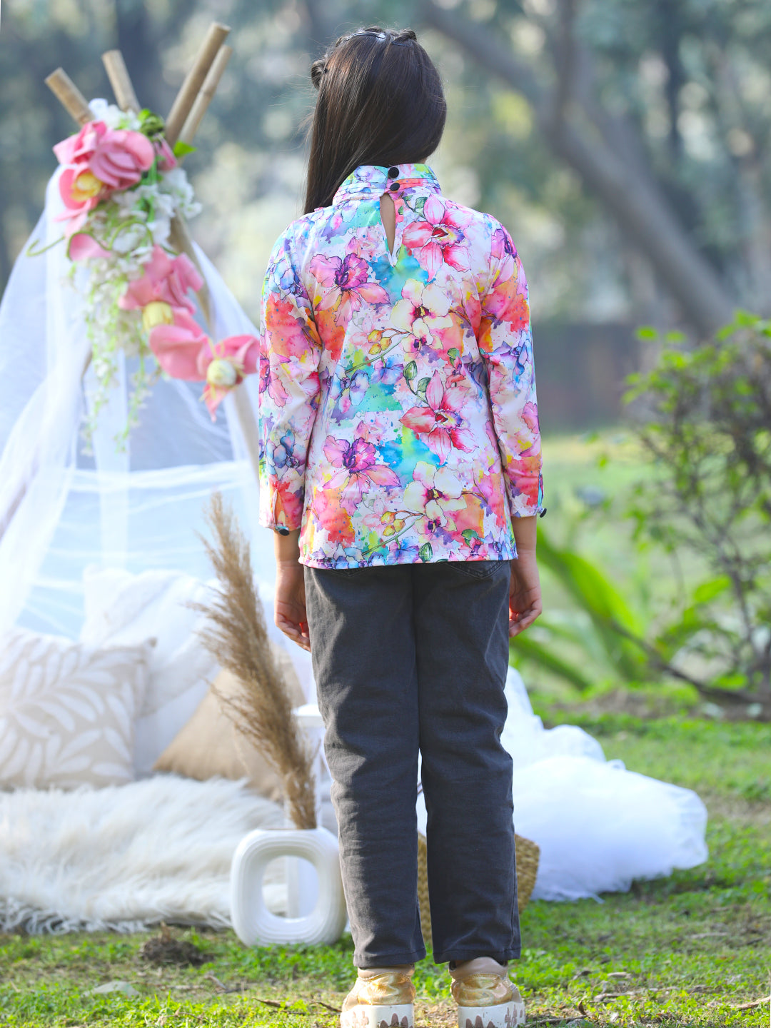 Cutiekins Mandarin Collar Foral Printed Regular Top -White & Pink