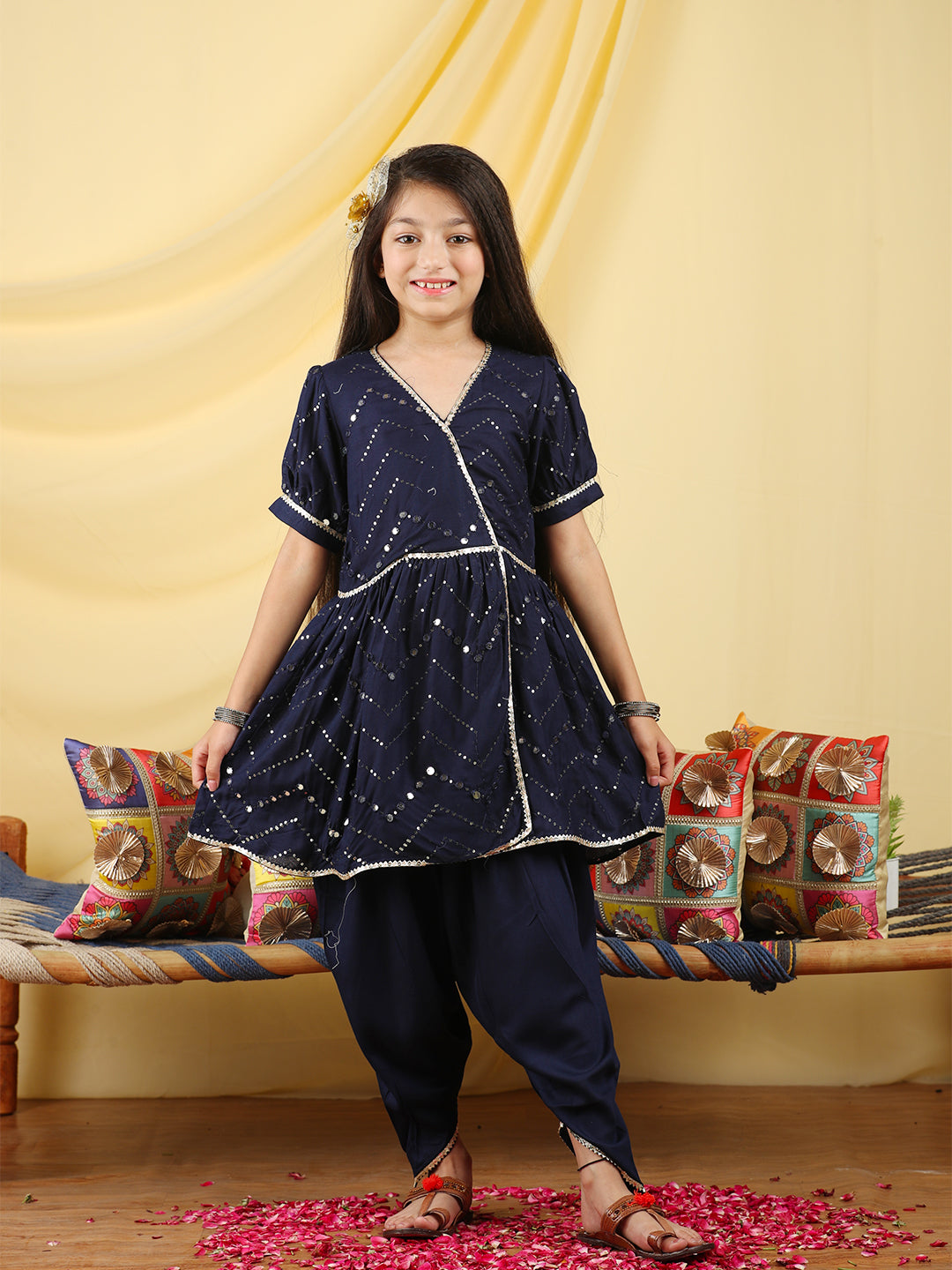 Cutiekins Girls Embroidered Mirror Work Angrakha Kurta & Dhoti -Dark Blue & Gold