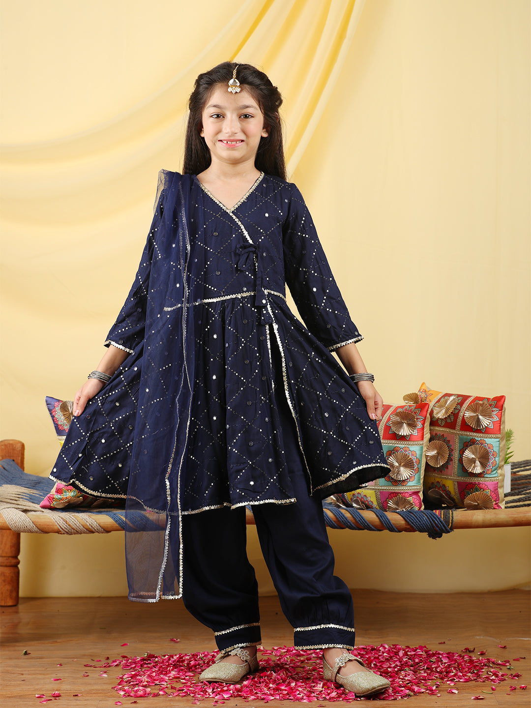 Cutiekins Girls Embroidered Angrakha Kurta & Salwar with Dupatta -Deep Blue & Gold