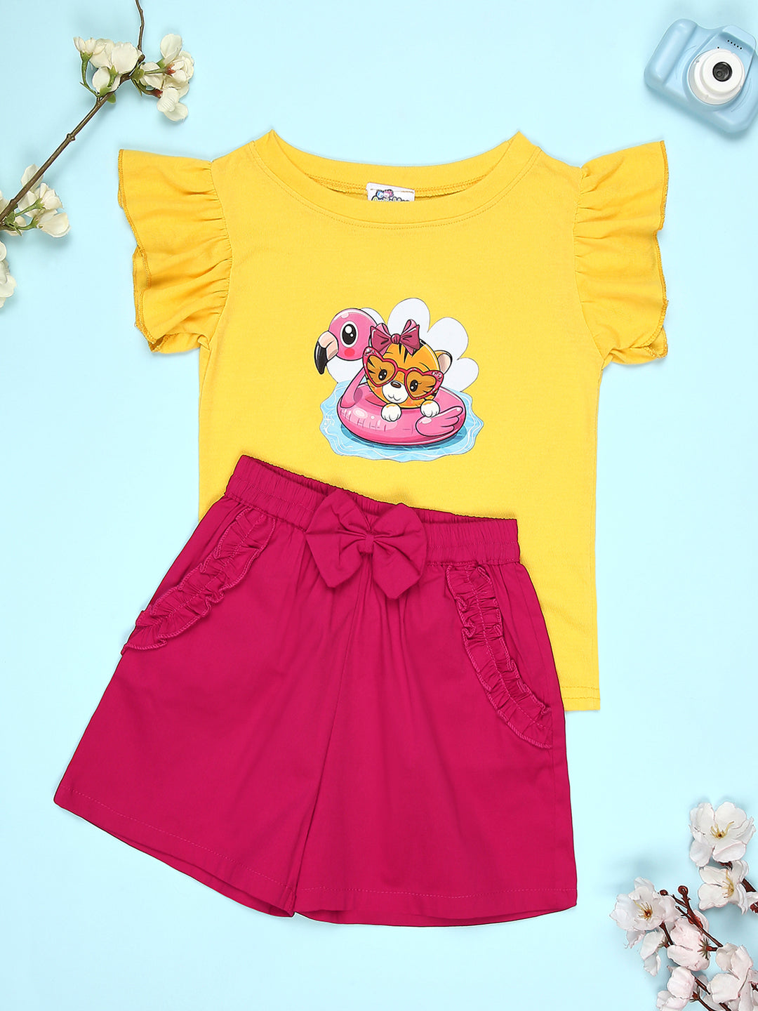 Cutiekins Girls Graphic Print T-Shirt With Solid Embellished Bow Short -Yellow & Magenta Pink