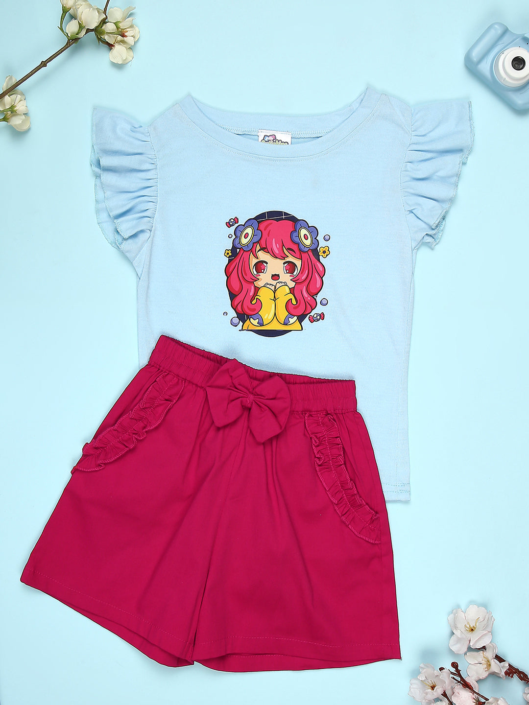 Cutiekins Girls Graphic Print T-Shirt With Solid Embellished Bow Short -Sky Blue & Magenta Pink