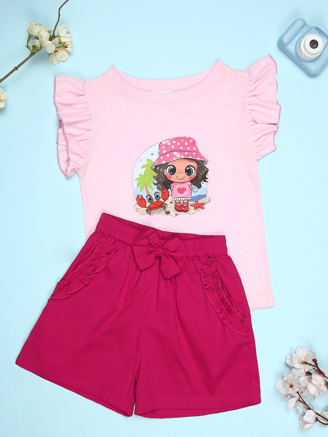 Cutiekins Girls Graphic Print T-Shirt With Solid Embellished Bow Short -Light Pink & Magenta Pink