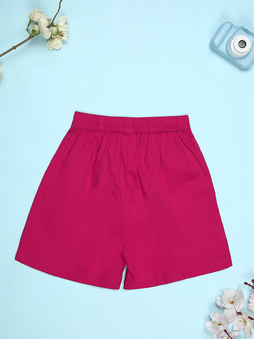 Cutiekins Girls Graphic Print T-Shirt With Solid Embellished Bow Short -Yellow & Magenta Pink
