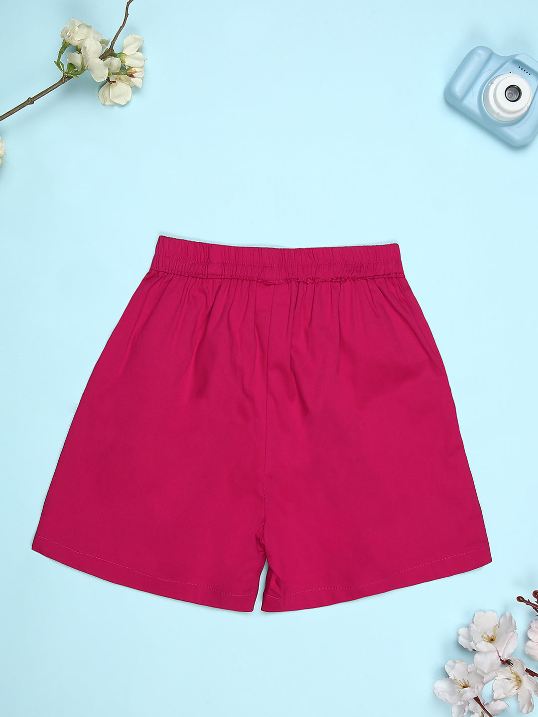 Cutiekins Girls Graphic Print T-Shirt With Solid Embellished Bow Short -Sky Blue & Magenta Pink