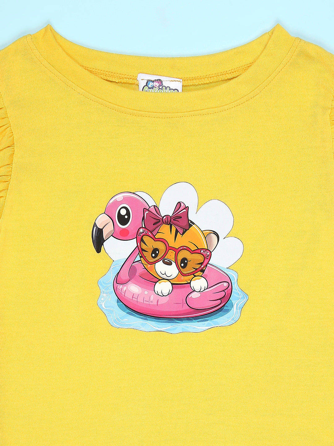 Cutiekins Girls Graphic Print T-Shirt With Solid Embellished Bow Short -Yellow & Magenta Pink
