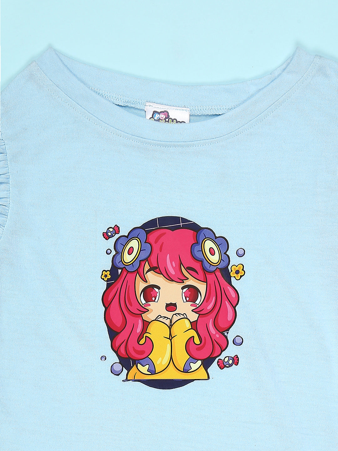 Cutiekins Girls Graphic Print T-Shirt With Solid Embellished Bow Short -Sky Blue & Magenta Pink