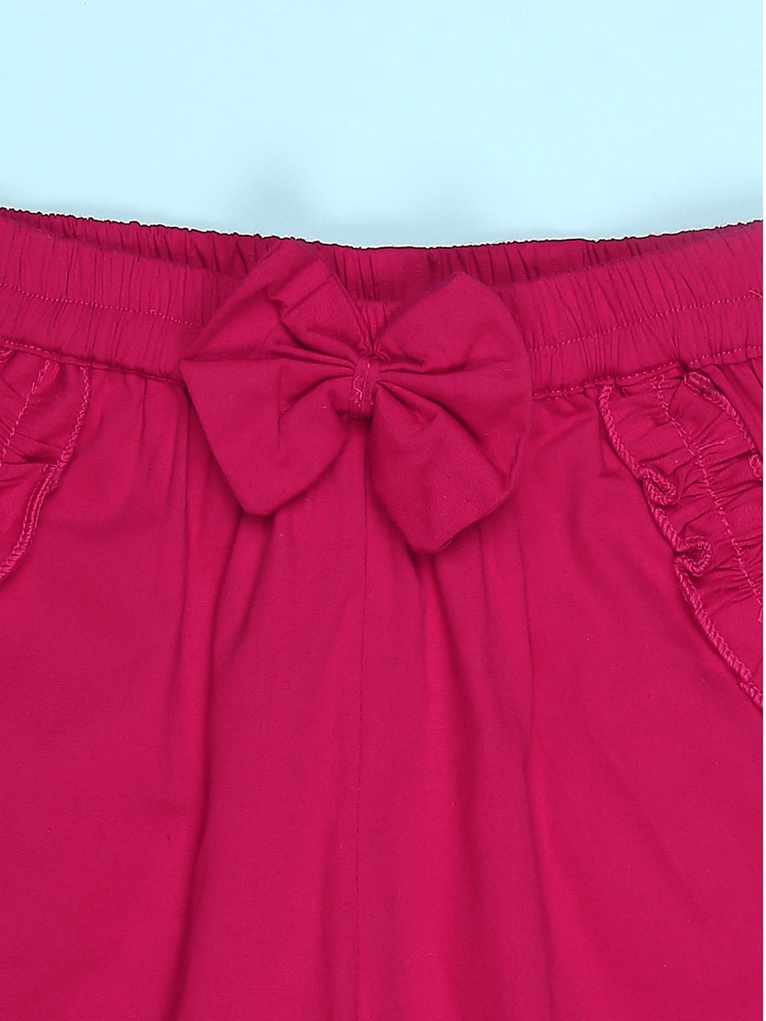 Cutiekins Girls Graphic Print T-Shirt With Solid Embellished Bow Short -Sky Blue & Magenta Pink