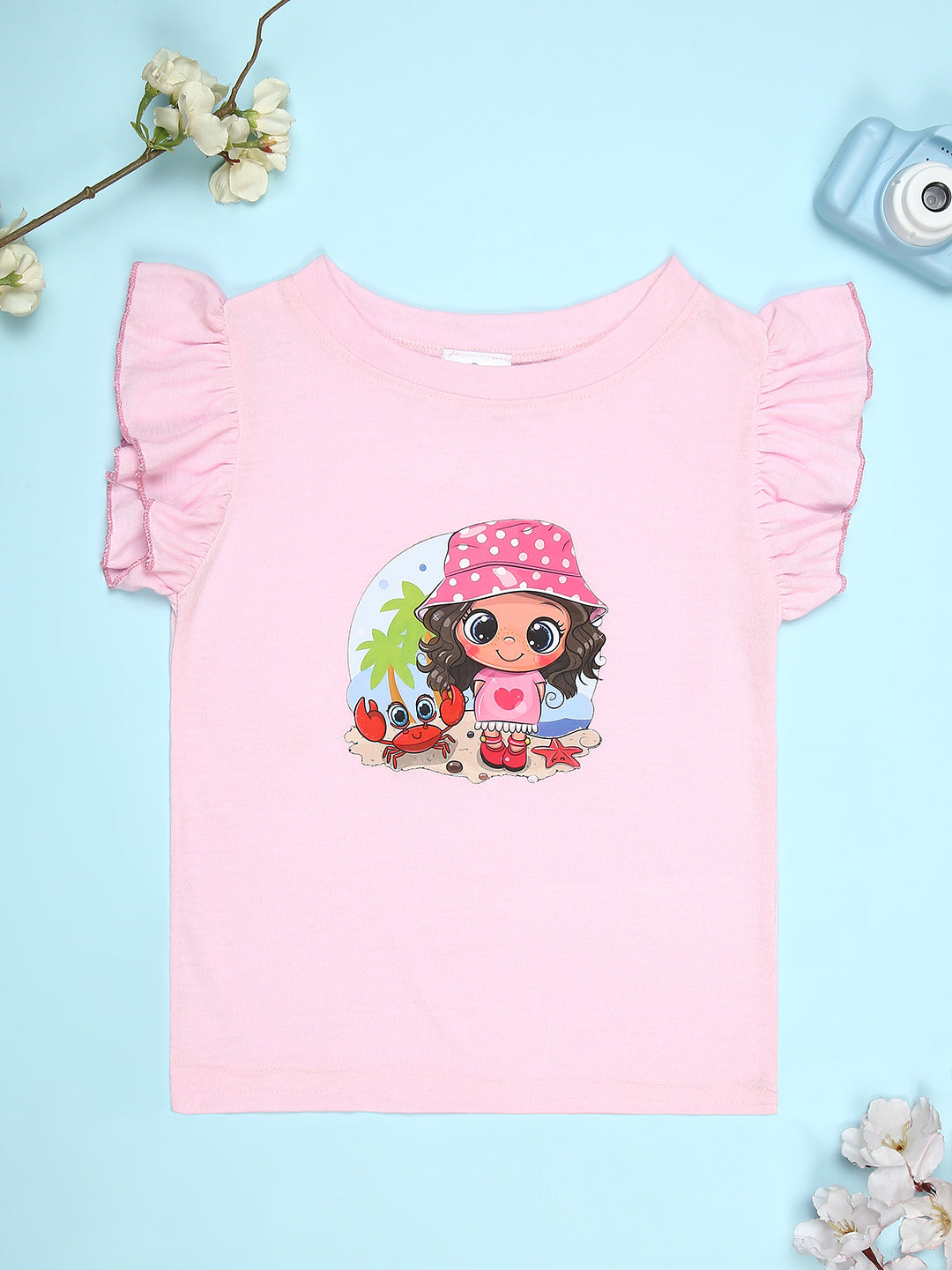 Cutiekins Girls Graphic Print T-Shirt With Solid Embellished Bow Short -Light Pink & Magenta Pink