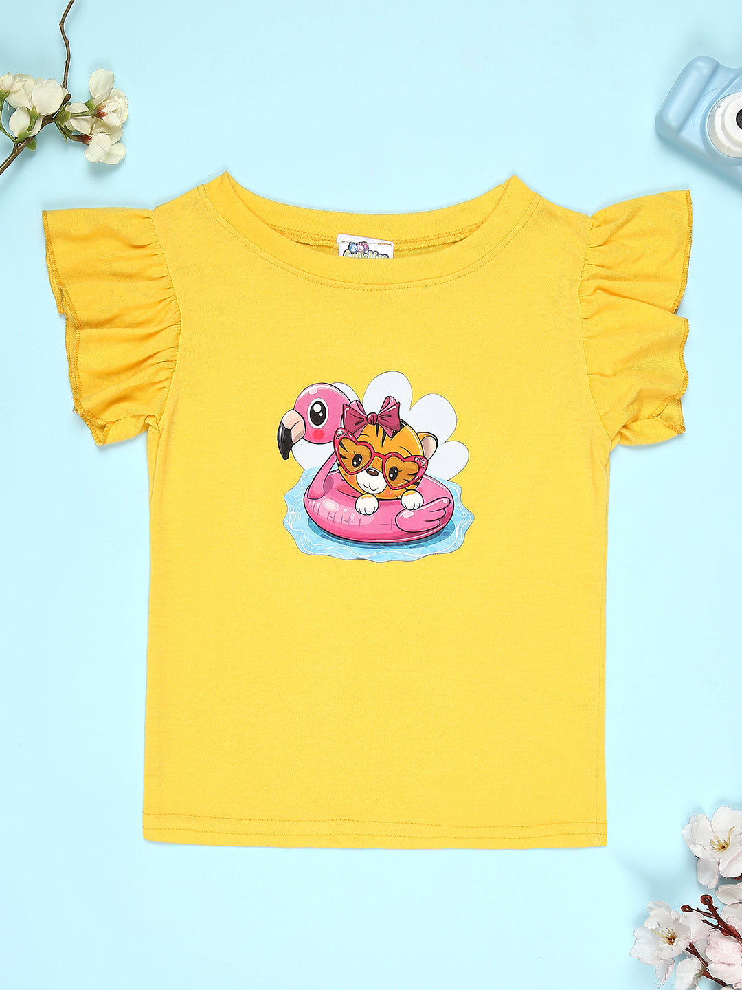 Cutiekins Girls Graphic Print T-Shirt With Solid Embellished Bow Short -Yellow & Magenta Pink
