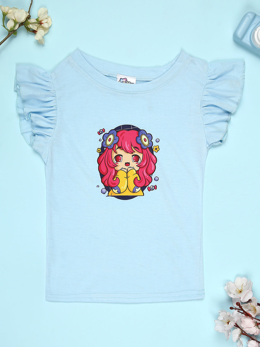 Cutiekins Girls Graphic Print T-Shirt With Solid Embellished Bow Short -Sky Blue & Magenta Pink
