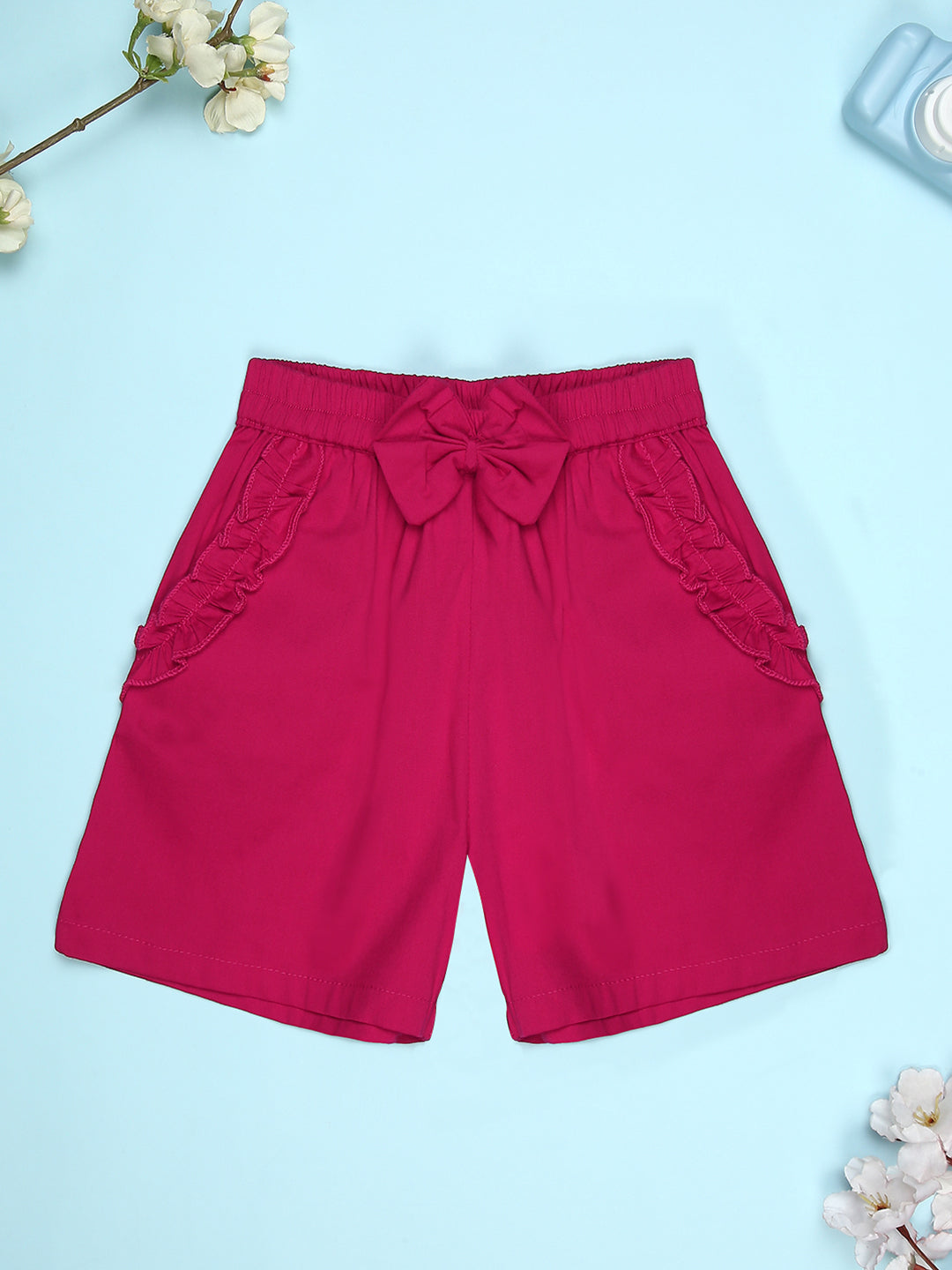 Cutiekins Girls Graphic Print T-Shirt With Solid Embellished Bow Short -Light Pink & Magenta Pink