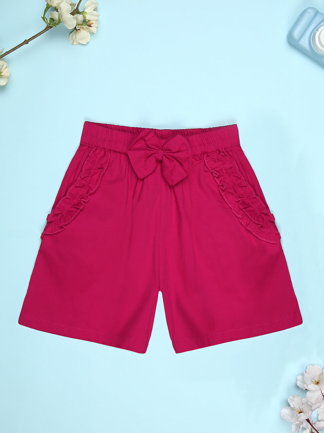 Cutiekins Girls Graphic Print T-Shirt With Solid Embellished Bow Short -Yellow & Magenta Pink