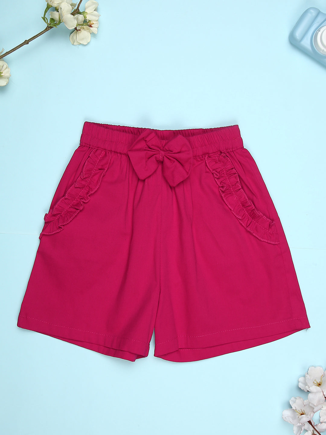 Cutiekins Girls Graphic Print T-Shirt With Solid Embellished Bow Short -Sky Blue & Magenta Pink