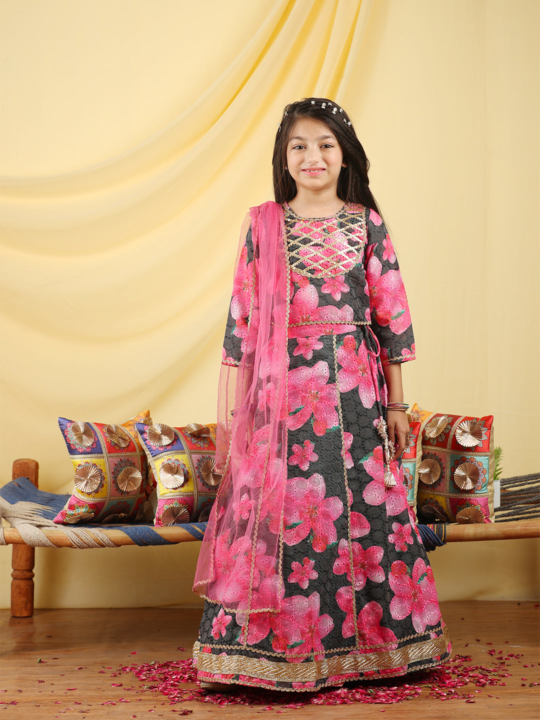 Cutiekins Girls Embroidered Floral Print Lehenga & Choli with Dupatta -Black & Pink