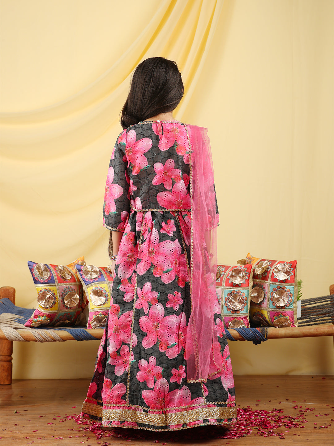 Cutiekins Girls Embroidered Floral Print Lehenga & Choli with Dupatta -Black & Pink