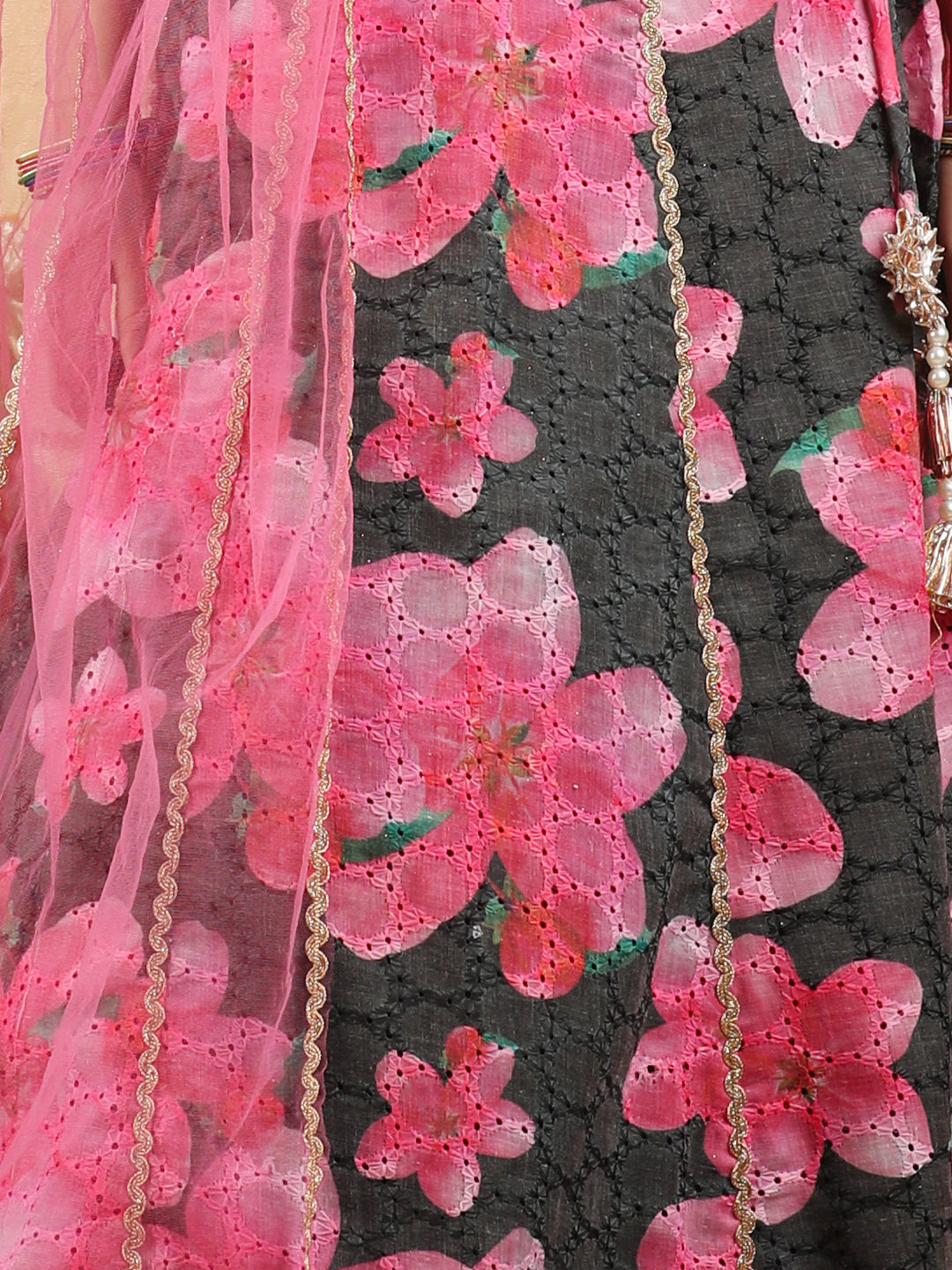 Cutiekins Girls Embroidered Floral Print Lehenga & Choli with Dupatta -Black & Pink