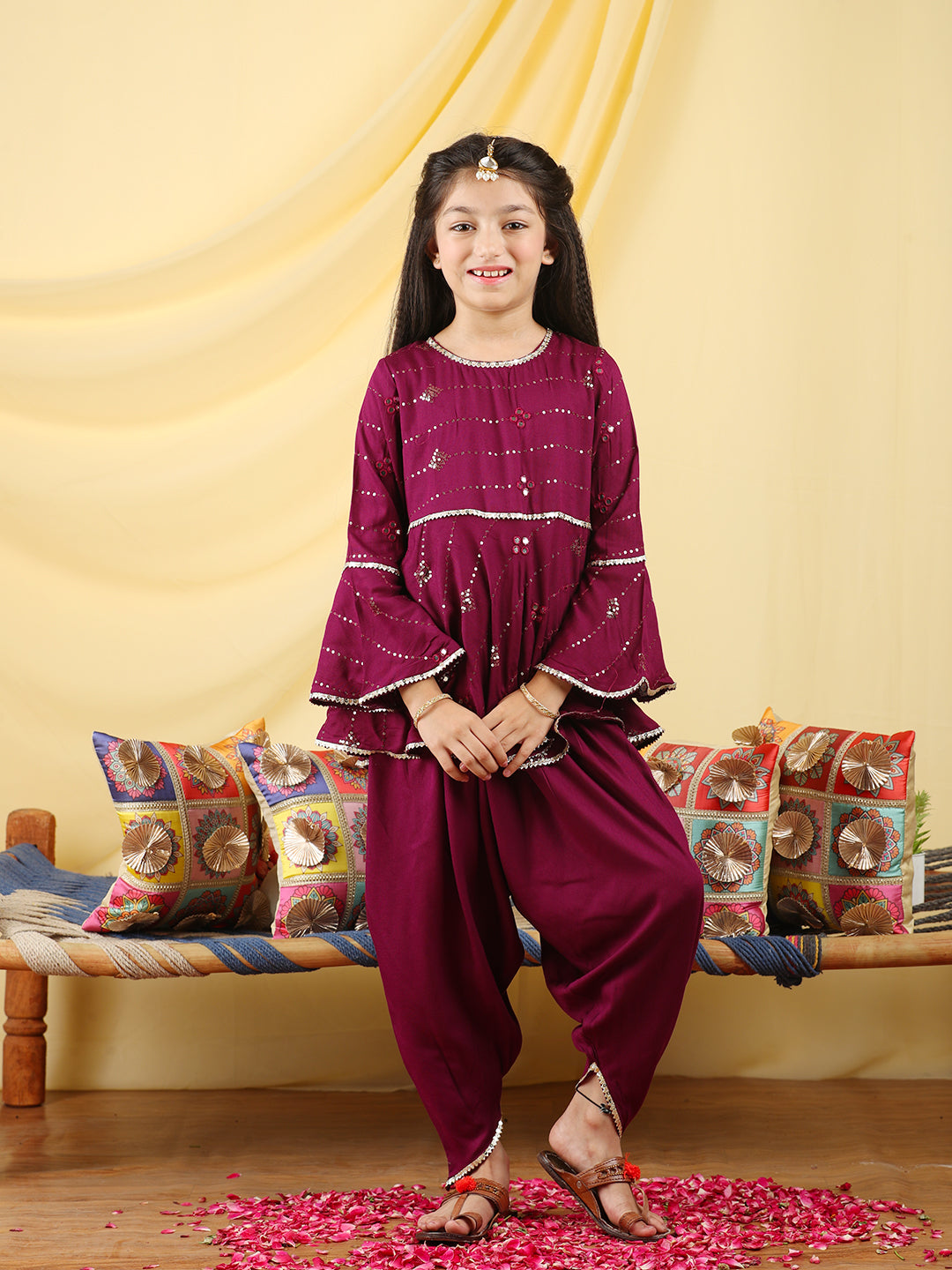 Cutiekins Girls Embroidered Mirror Work Kurta & Dhoti -Wine & Gold