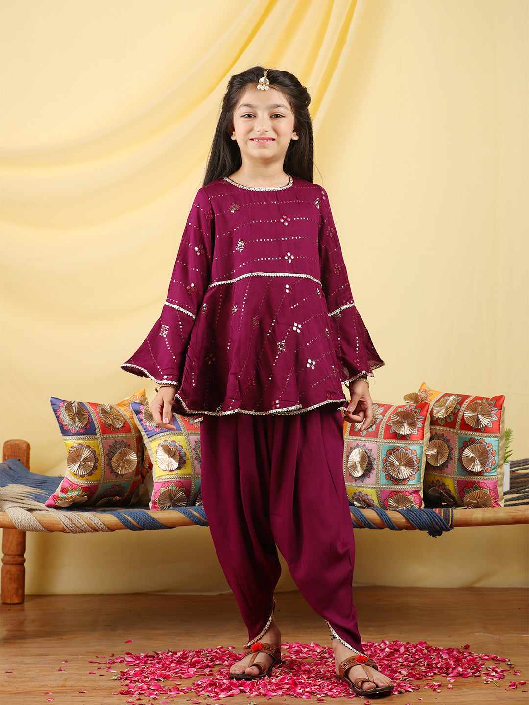 Cutiekins Girls Embroidered Mirror Work Kurta & Dhoti -Wine & Gold