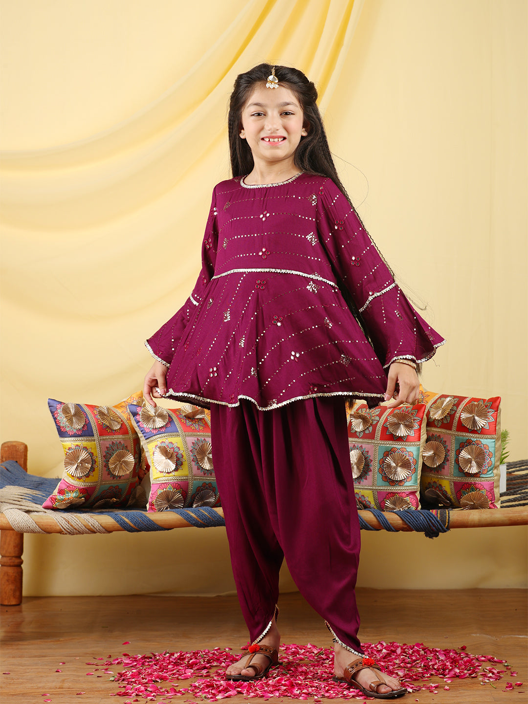 Cutiekins Girls Embroidered Mirror Work Kurta & Dhoti -Wine & Gold