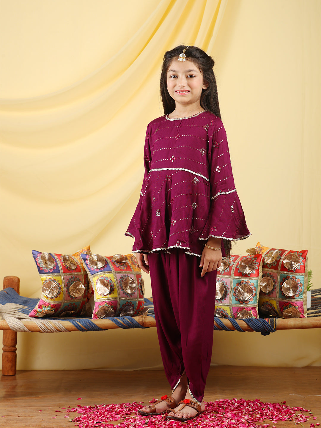Cutiekins Girls Embroidered Mirror Work Kurta & Dhoti -Wine & Gold