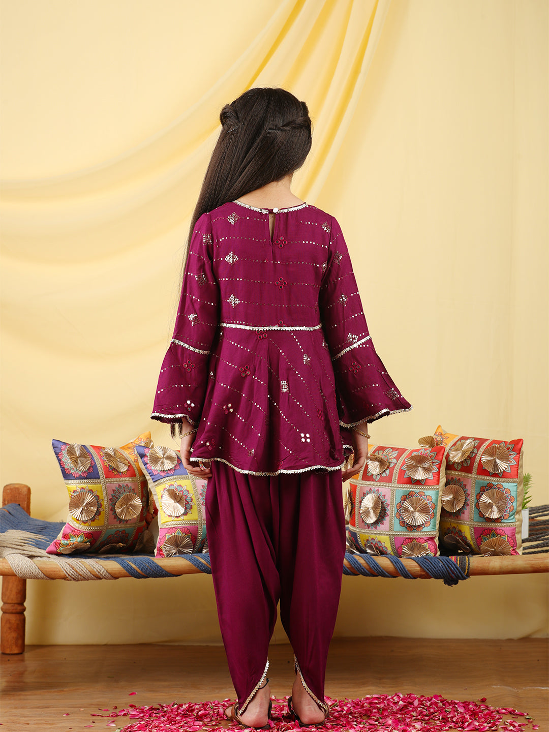 Cutiekins Girls Embroidered Mirror Work Kurta & Dhoti -Wine & Gold